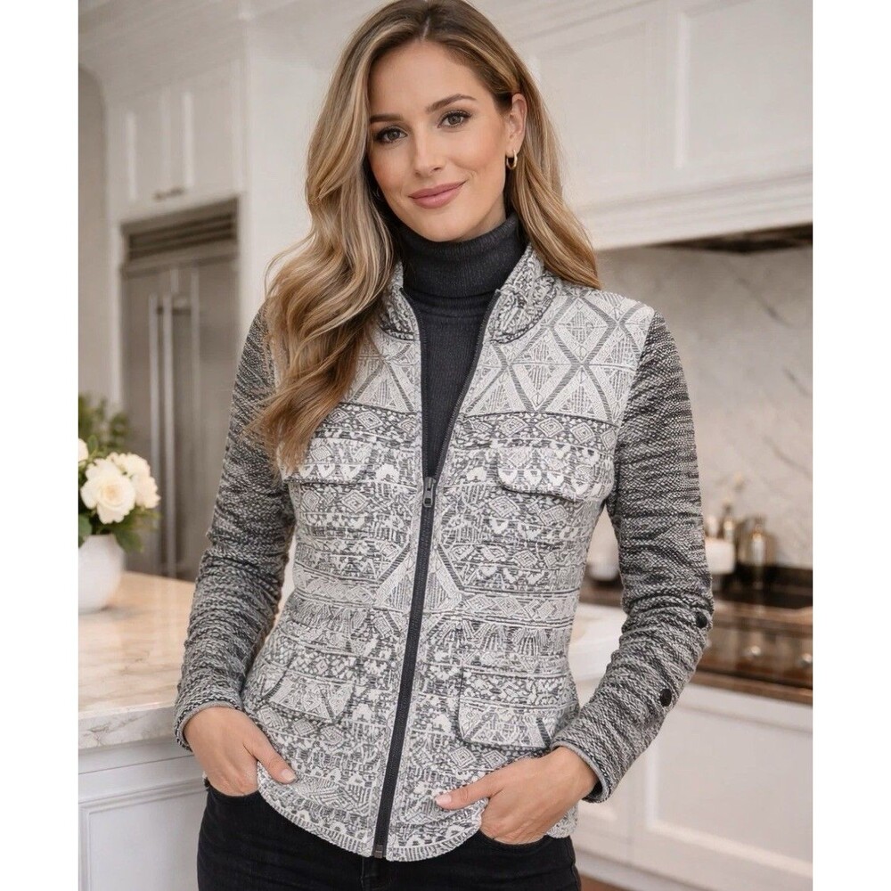 Stoosh Women Small Full Zip Knit Jacket Aztec Tribal Geometric Black Gray